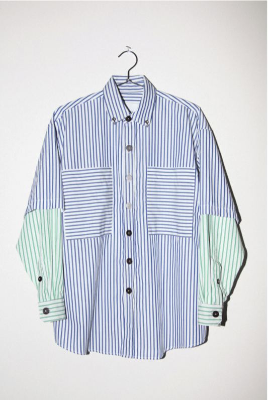 【KkCo】Pierced Double Button Up Shirt / Mixed Sea Stripe