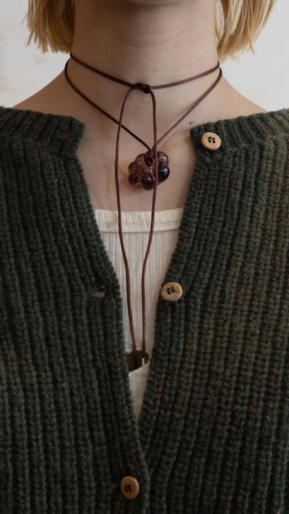 【Sisi joia】Long FLEUR necklace - Purple pendant / Brown cord